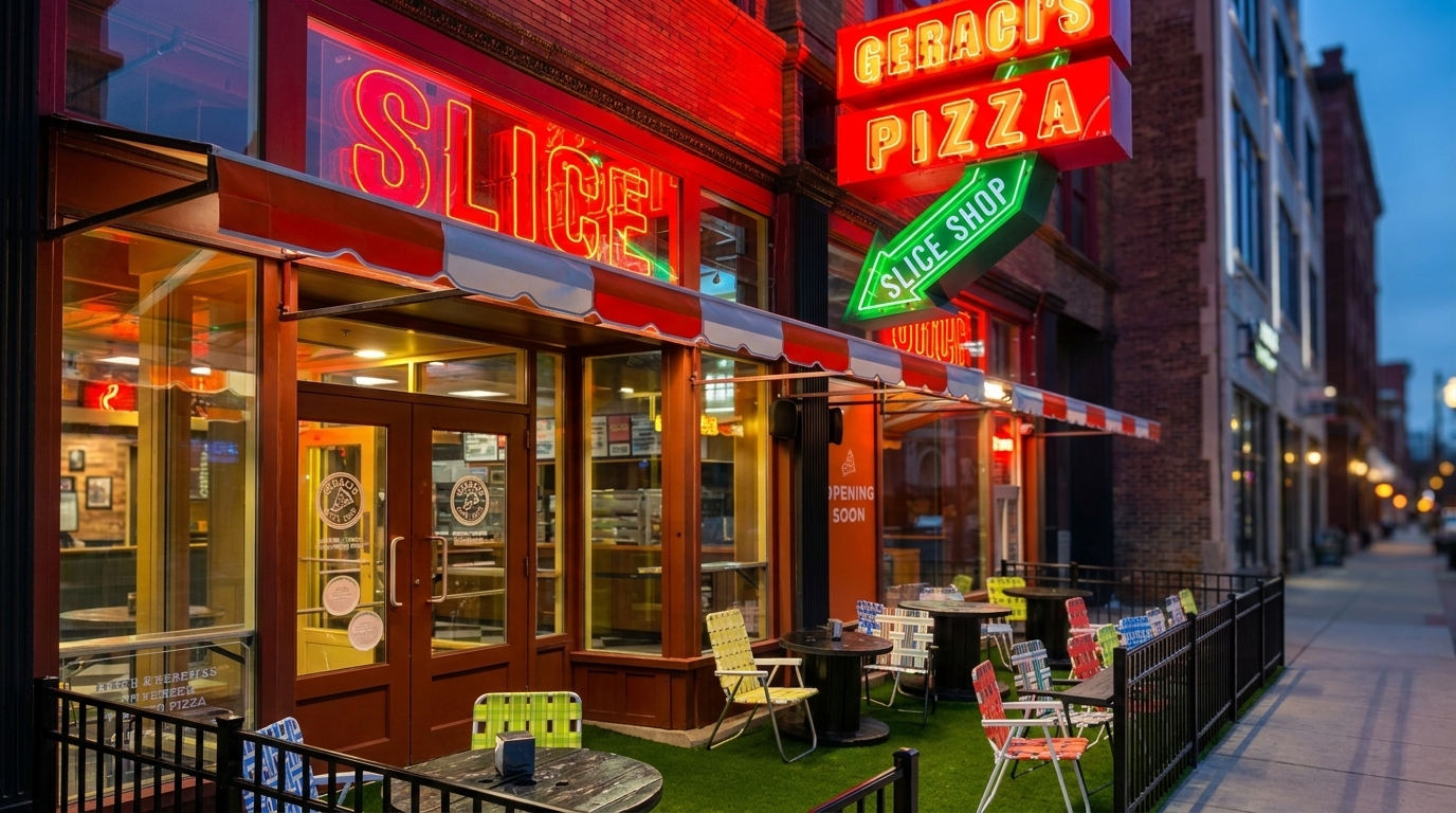 Geraci's neon slice shop storefront, downtown Cleveland